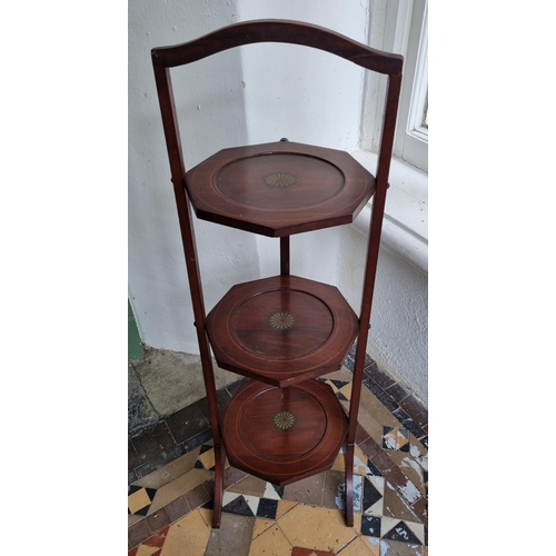 350 - Inlaid Mahogany Three Tier Folding Cake Stand, Height 86cm