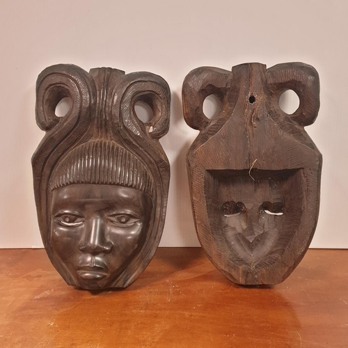 354 - Pair of Heavy Wooden Masks, H:38 x W:25cm