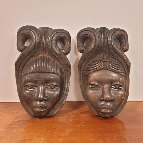 354 - Pair of Heavy Wooden Masks, H:38 x W:25cm