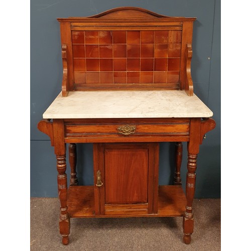 351 - Marble Top Wash Stand with Tiled Backsplash, H:118 x W:82 x D:47cm