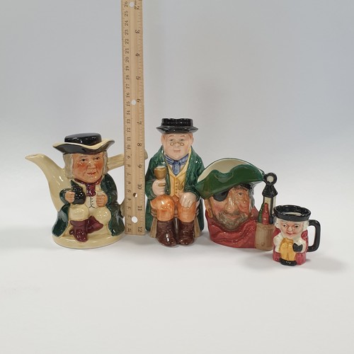 378 - Lot of 3x Toby Jugs, Mr. Pickwick, and Tony Wood Tea Pot, Royal Doulton Smuggler and other.  Tallest... 