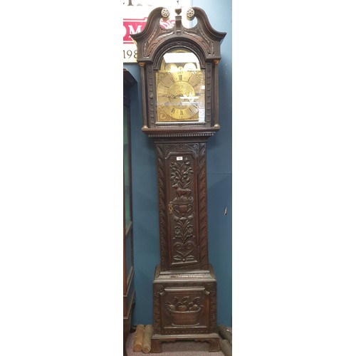 264 - 18th Century Oak 8 Day Carved Longcase Grandfather Clock with Brass Face, includes Weights and Key