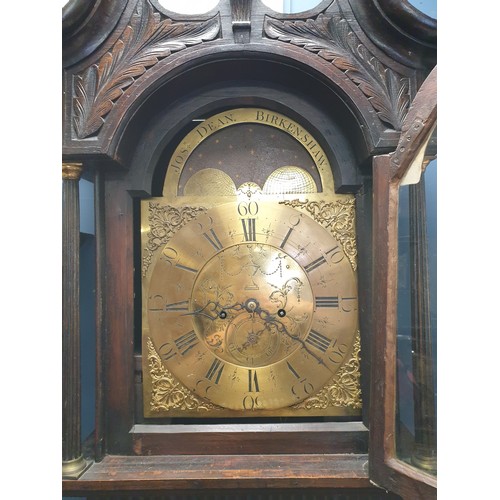 264 - 18th Century Oak 8 Day Carved Longcase Grandfather Clock with Brass Face, includes Weights and Key