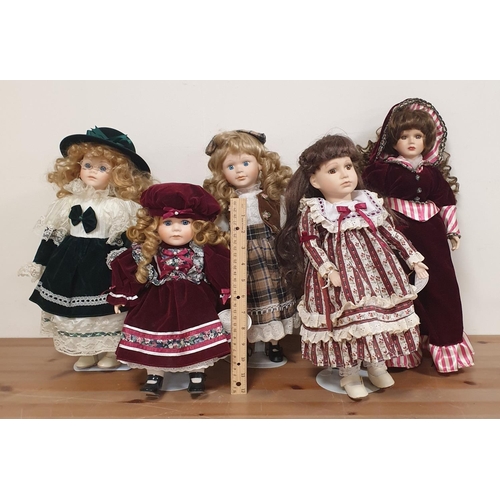 516 - Collection Five China Dolls on Stands, tallest doll H: 45cm