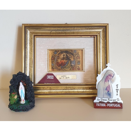 314 - Scared Heart Picture, Small Our Lady Statue and Fatima Ornament and Framed Religious Picture