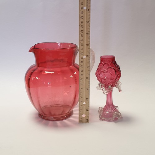 561 - Ruby Glass Jug and Ornament , Jug Height: 17cm