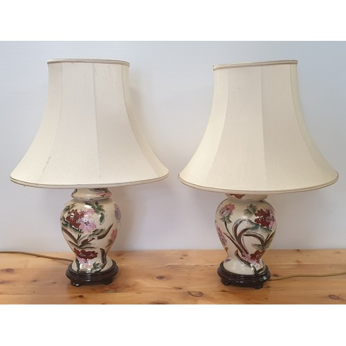 98 - Pair of Floral Painted Porcelain Lamps and Shades, Height 60cm overall