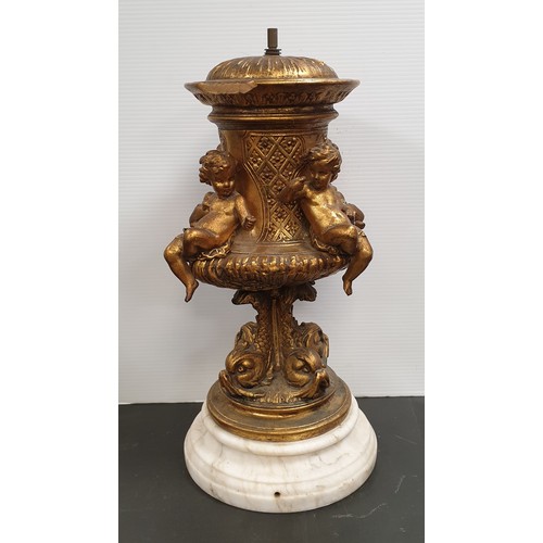 744 - Ornate Gilt Lamp with Cherub Decoration on Marble Base (not wired). H:50 x D:30cm