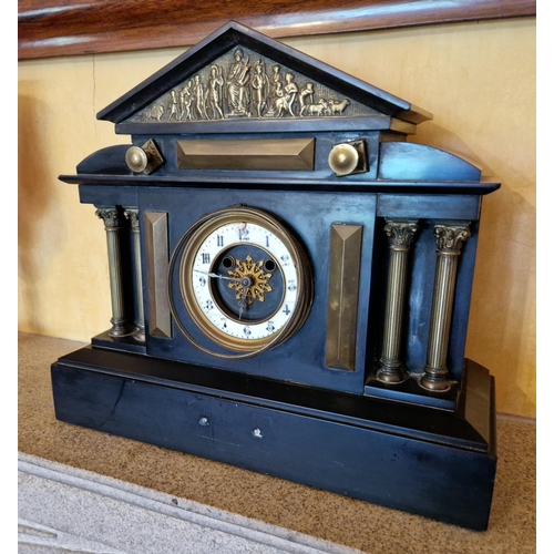 56 - Architectural Marble Mantel Clock, H:33 x W:39 x D:14cm  (not in working order - in need of repair)