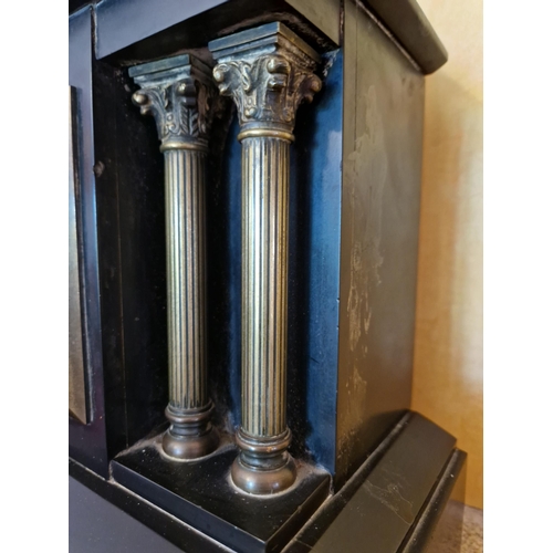 56 - Architectural Marble Mantel Clock, H:33 x W:39 x D:14cm  (not in working order - in need of repair)
