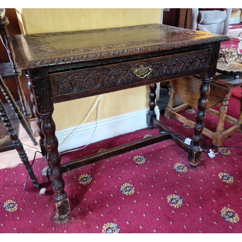 67 - Carved Oak Hall Table with Single Drawer, H:67 x W:76 x D:50cm