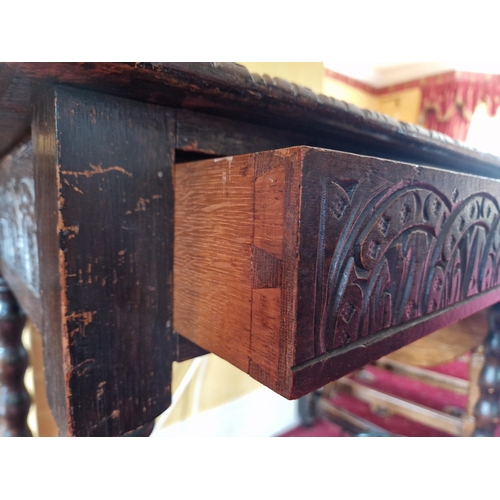 67 - Carved Oak Hall Table with Single Drawer, H:67 x W:76 x D:50cm