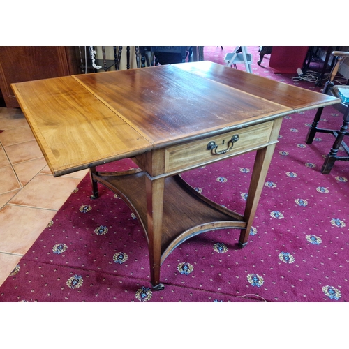 79 - Edwardian Inlaid Two Tier Drop Leaf Table on Castors with Single Drawer, H:70 x W:106 x D:81cm Fully... 