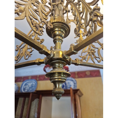 83 - Brass Five Branch Ceiling Light with shades, H:80 x D:80cm