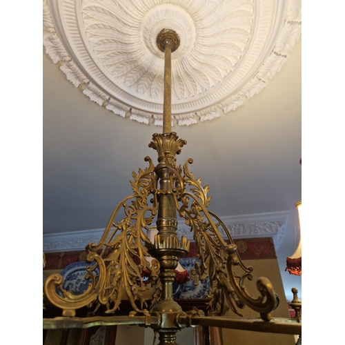 83 - Brass Five Branch Ceiling Light with shades, H:80 x D:80cm