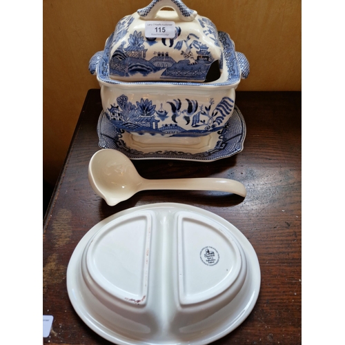 115 - Churchill Staffordshire Willow Pattern Vegetable Dish and Willow Pattern Lidded Tureen with Ladle.  ... 