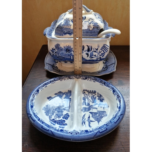 115 - Churchill Staffordshire Willow Pattern Vegetable Dish and Willow Pattern Lidded Tureen with Ladle.  ... 