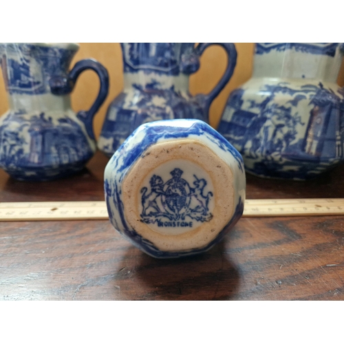 116 - Set of Four Graduated Blue & White Ironstone Jugs, Tallest Measures 21cm in Height