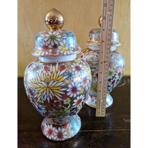 120 - Pair of Overall Floral Decorated Chinese Lidded Ginger Jars, Height 27cm