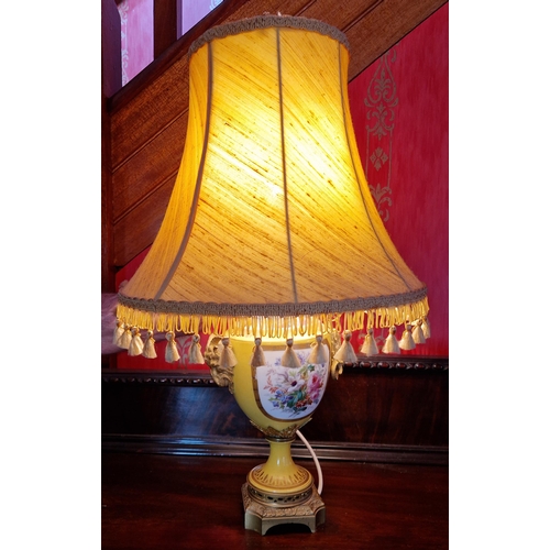 141 - Porcelain Table Lamp and Shade with Gilt Ram's Heads. H58 x D:36cm overall