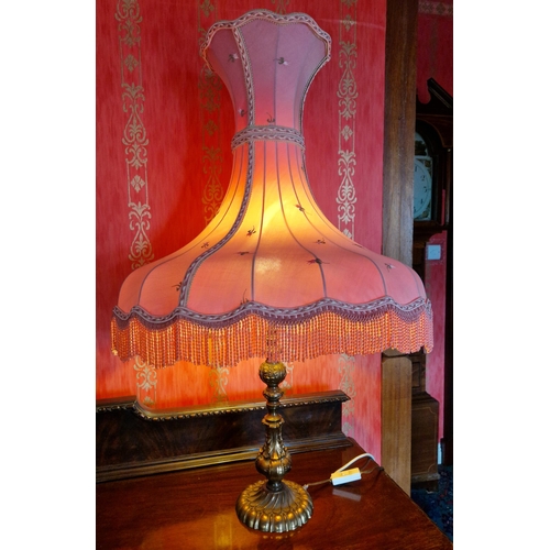 142 - Brass Table Lamp and Shade, H:95 x D:56cm overall