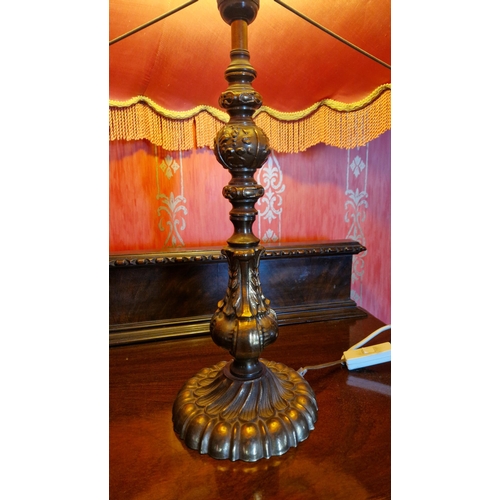 142 - Brass Table Lamp and Shade, H:95 x D:56cm overall