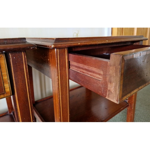 251 - Pair of Inlaid Mahogany Two Tier Bedside Tables with Single Drawers, H:62 x W:41 x D:33cm