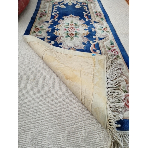 216 - Blue and Cream Embossed Wool Rug, L:200 x W:90cm