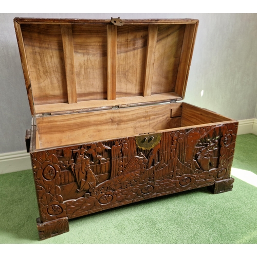 220 - Carved Oriental Camphor Wood Chest, H:52 x W:101 x D:51cm