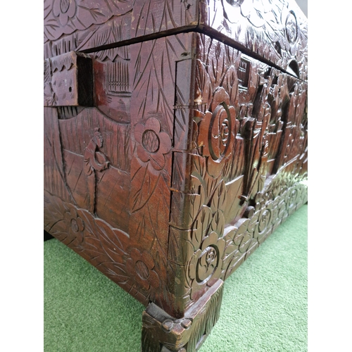 220 - Carved Oriental Camphor Wood Chest, H:52 x W:101 x D:51cm