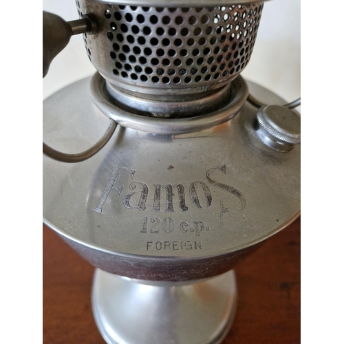 225 - 1930's Famos 120 C.P. Chrome Oil Lamp (Foreign) with Bone China Shade and Glass Flute. Overall Heigh... 