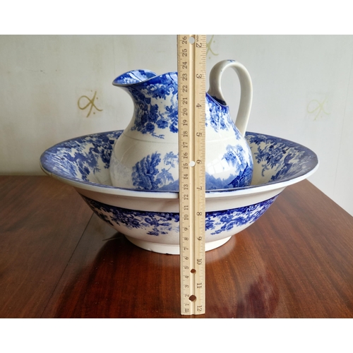 270 - Minton Blue and White Porcelain Basin & Ewer, H:25 x D:38cm overall