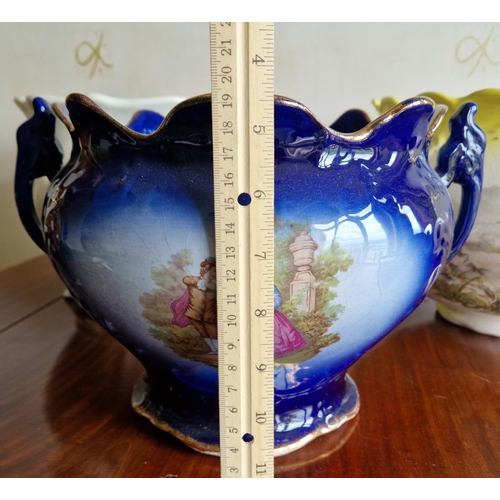 271 - Lot of 3x Plant Pots  Staffordshire Blue and Two Other Jardinieres, Largest H:21 x D:34cm