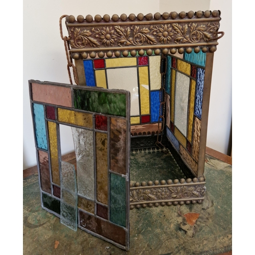 335 - Leaded Stain Glass, Brass Framed Panel Lantern, Some Damage as Seen. H:37 x W:24 x D:24cm