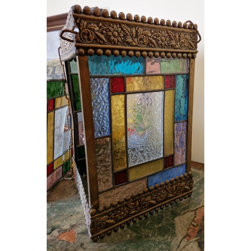 335 - Leaded Stain Glass, Brass Framed Panel Lantern, Some Damage as Seen. H:37 x W:24 x D:24cm