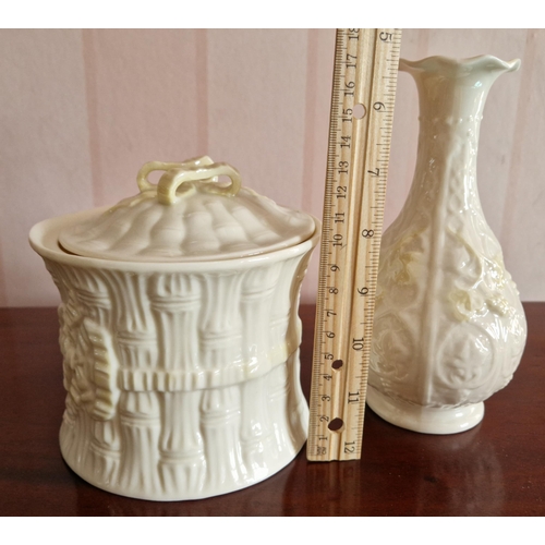 343 - Belleek Bud Vase (Height 18cm) and Lidded Pot (H:13 x D:13cm)