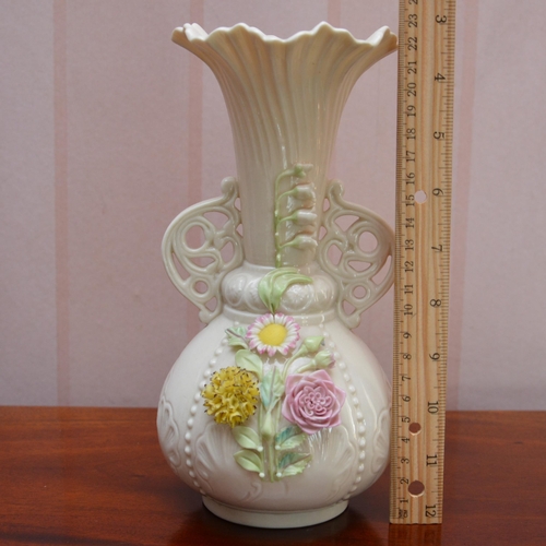 347 - Belleek Floral Twin Handles Vase, Height 23cm