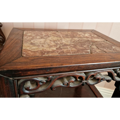 365 - Pair of Two Oriental Two Tiered Lamp Tables with Marble Tops, H:61 x W:41 x D:30cm approx.