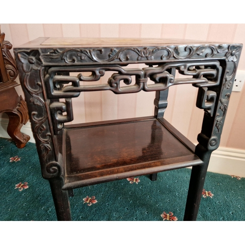 365 - Pair of Two Oriental Two Tiered Lamp Tables with Marble Tops, H:61 x W:41 x D:30cm approx.