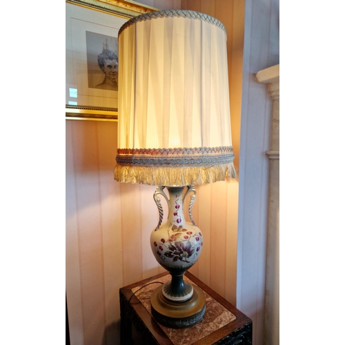 366 - Pair of Twin Handled Porcelain Table Lamps and Shades. Overall Height 88cm