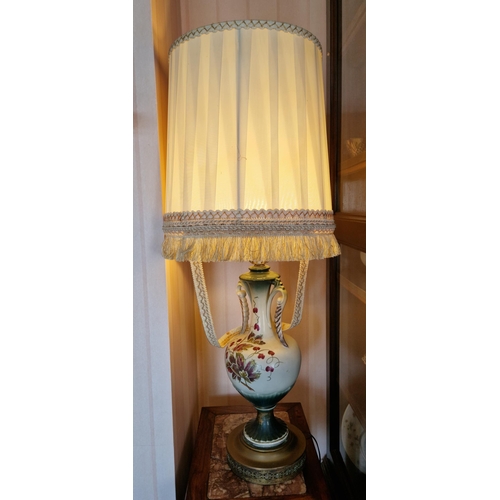 366 - Pair of Twin Handled Porcelain Table Lamps and Shades. Overall Height 88cm