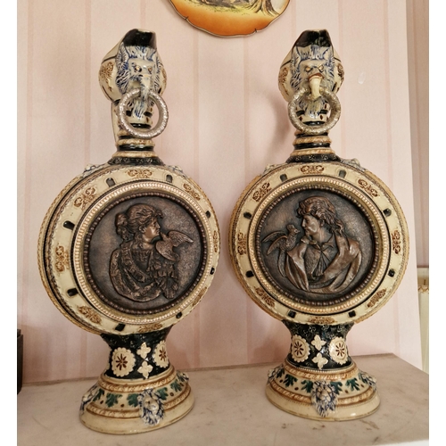 370 - Pair of Porcelain Jug Ornaments with Centre Medallions and Centre Moon Shape , Height 48cm