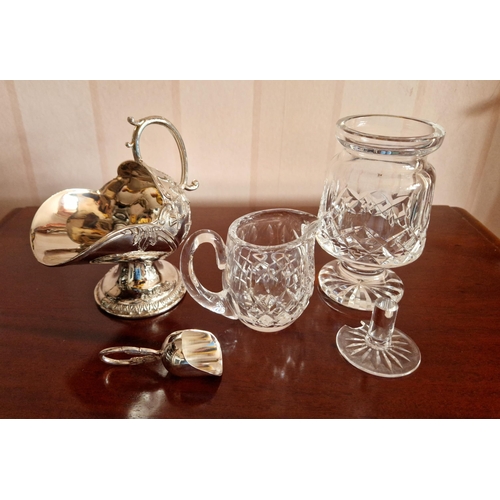 394 - Waterford Crystal Milk Jug and Jam Pot and a Sugar Scuttle with Scoop