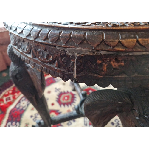 406 - Carved Hardwood Circular Side Table, H:60 x D:52cm