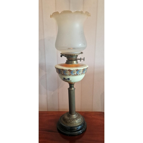 410 - Antique Oil Lamp with Porcelain Reservoir, Height 59cm. Diameter of Shade 18cm