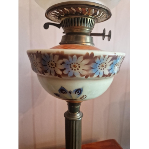 410 - Antique Oil Lamp with Porcelain Reservoir, Height 59cm. Diameter of Shade 18cm