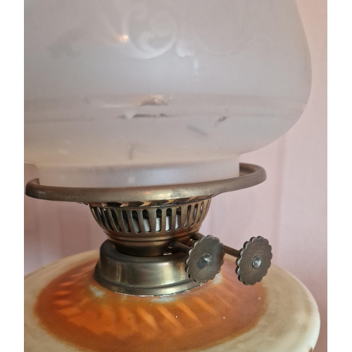 410 - Antique Oil Lamp with Porcelain Reservoir, Height 59cm. Diameter of Shade 18cm