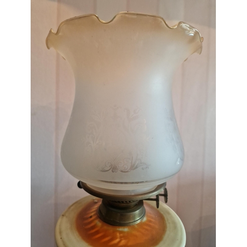 410 - Antique Oil Lamp with Porcelain Reservoir, Height 59cm. Diameter of Shade 18cm