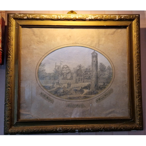 433 - Two Antique Gilt Framed Prints, H:62 x W:71cm (Ardmore Church and Ruins of Castle in Wales)