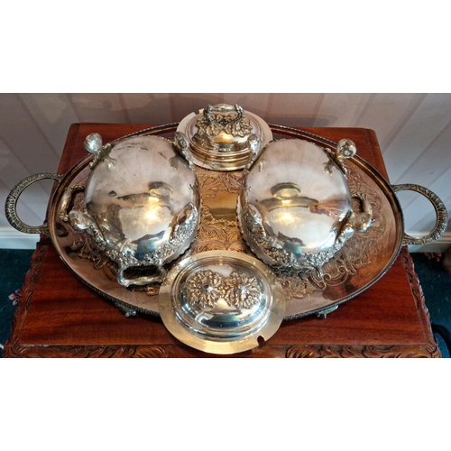 444 - Silver Plated Tea Tray (L:55 x W:29cm) and two Vegetable Dishes (with some damage)